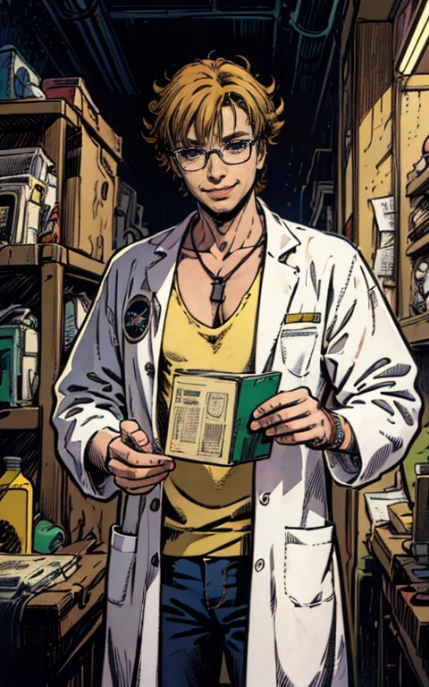 best quality,highres:1.2),ultra-detailed, pencil drawn portrait of a male geeky mad scientist, scientist lab coat, genius expression, glasses shining ,intelligent eyes, mischievous smile, raised eyebrow, dark background, colourful test tubes, glowing green flask, scientific equipment, quirky and eccentric personality, chaotic energy, sci-fi elements, 80s retro comic book style, vibrant colours, dynamic lighting.