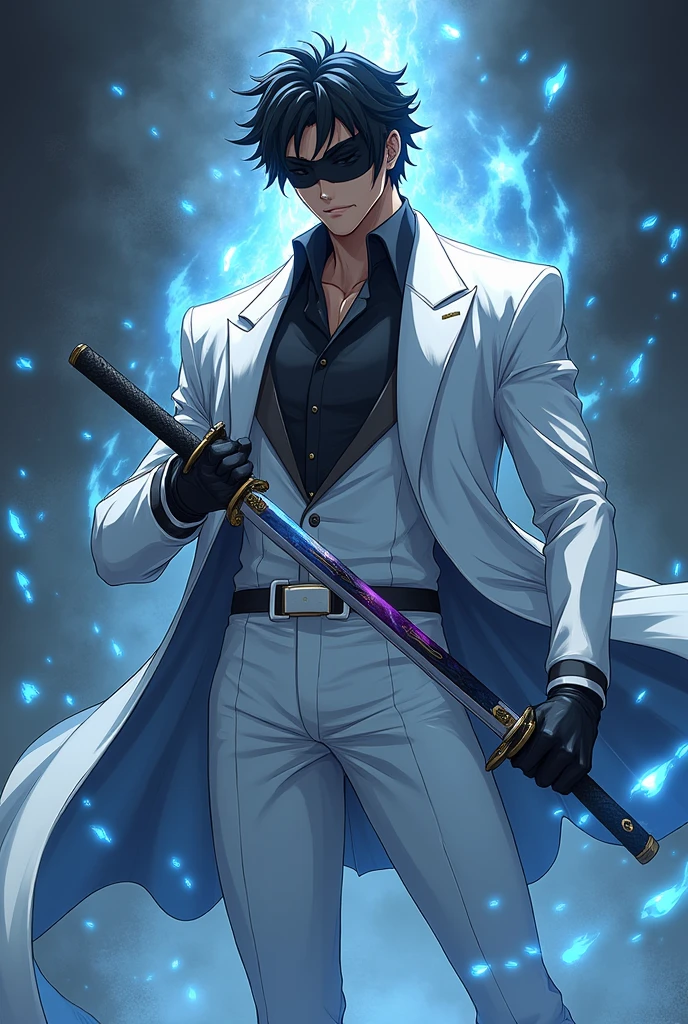 Black anime guy in a white suit and a black blindfold with magic doing cool pose with a sword