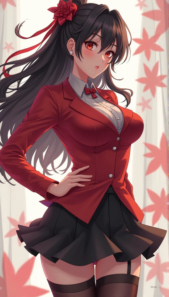 (masterpiece:1.37), best quality, (extremely detailed:1.37), (1girl:1.5), woman, (mature:1.5), (adult:1.5), pokemonsabrina, black hair, long hair, bangs, blunt bangs, red eyes, hime cut, sidelocks, white pupils, jacket, crop top, bodysuit, covered navel, midriff, red jacket, turtleneck, side slit, gloves, white gloves, long sleeves, pantyhose, skirt, red skirt, boots, red boots, socks, yellow socks, knee socks, (extremely detailed eyes:1.37), (wetting self:2.0), desperation, standing, embarrassed, humiliation, blushing, angry, cherry blossoms, garden, (golden hour:1.5), full body