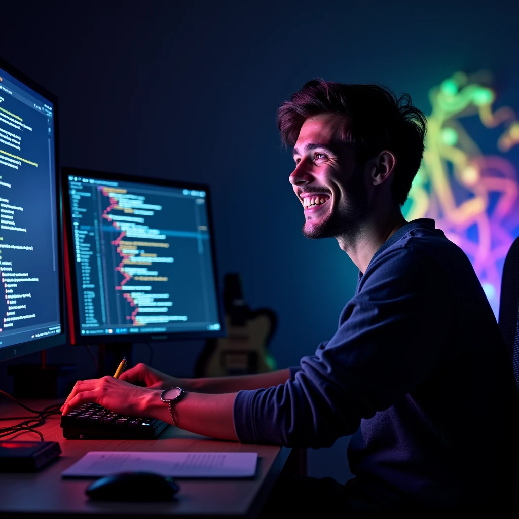 Programmer happily writing code on a computer, with a vibrant and colorful background against a dark backdrop. The programmer should have a joyful expression, and the scene should convey a sense of enthusiasm and creativity.