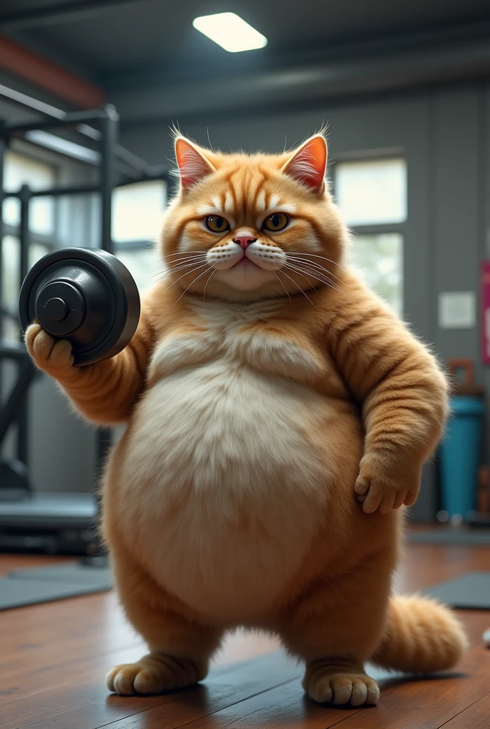 A huge chubby cat in a gym centre to loose his Weight standing with dumbbell 