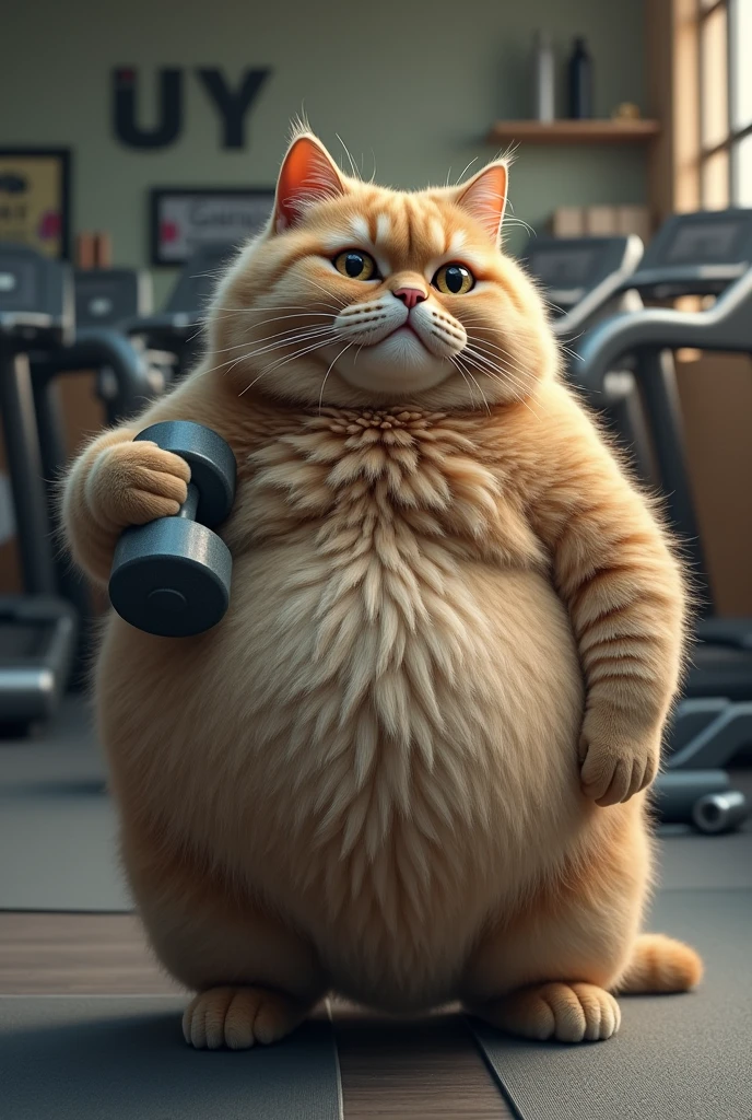 A huge chubby cat in a gym centre to loose his Weight standing with dumbbell