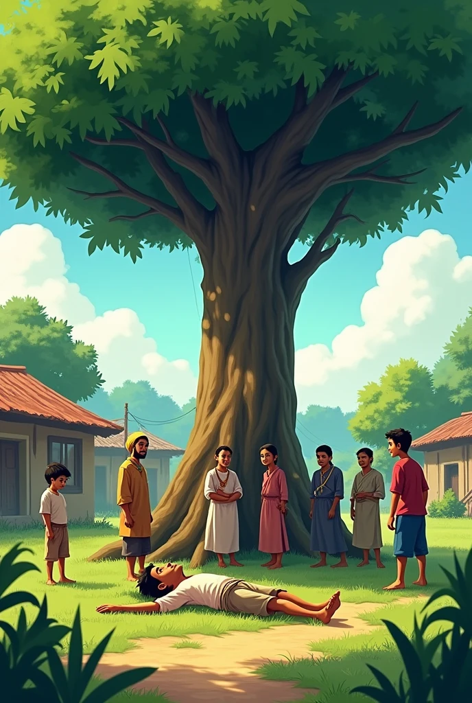 सुबह गांव के लोगो ने लड़के को पेड़ के नीचे बेसुध पाए। इमेज इन animation