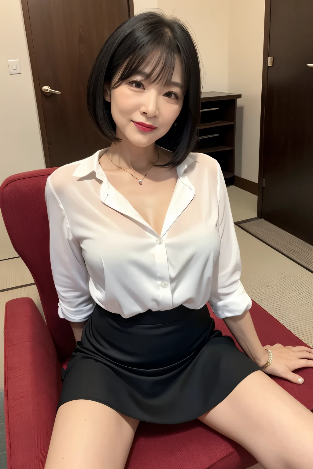 Japanese old woman 60 years old Black Hair Old woman's charming smile looking at the camera
Bright red lipstick
A 60-year-old woman who is so skinny she's almost skinny, and has a very slender and weak body. No bra
Office lady in a white blouse with a large open neckline and a red tight skirt
Red tight mini skirt with a large slit, red stiletto heels, sitting on a chair She opens her legs a little and her white panties are visible.