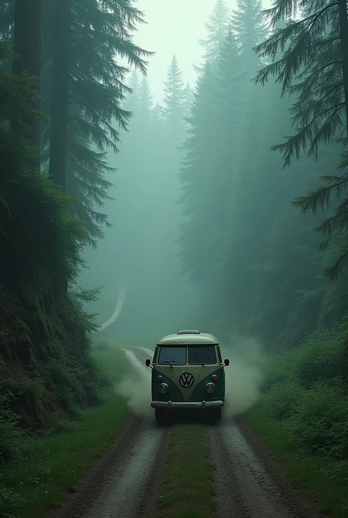 cinematic, photo realistic film poster of an old van, travelling through dense forest in a snaky meandering road, climbing down, distant long shot, early morning, mist, Darjeeling outskirt road