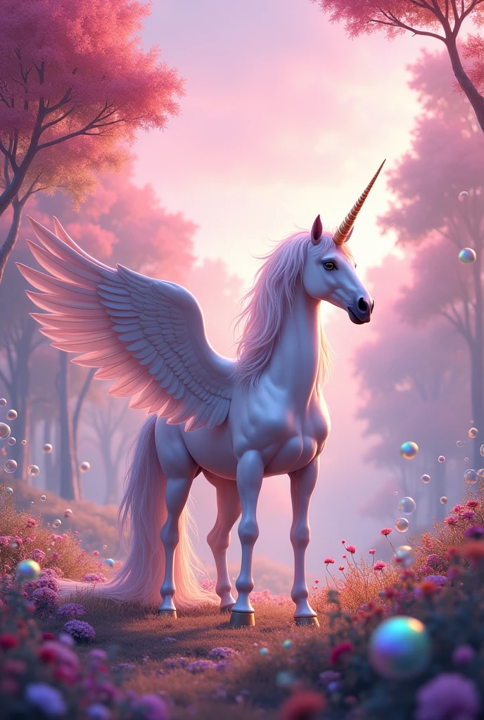Unicorn with big wings in multi-colored forest and pink sky with bubbles all around