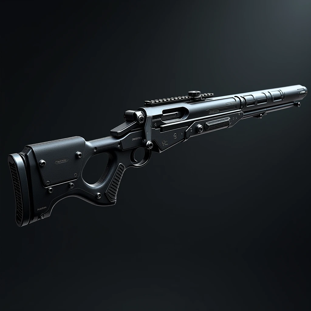 The Phantom Edge is a sleek, high-tech sniper rifle equipped with an advanced cloaking system that renders it invisible when not in use. The rifle is fitted with a silencer and uses specialized rounds that leave no trace, allowing Seraphina to eliminate targets without a sound. When combined with her Invisible magic, the rifle becomes a ghostly weapon, unseen until the moment of impact. Matte black with silver accents, designed to blend seamlessly with shadows. High Resolution, Accurate, Super Detailed, Textured Skin, From Side, 3D Rendering, Realism,