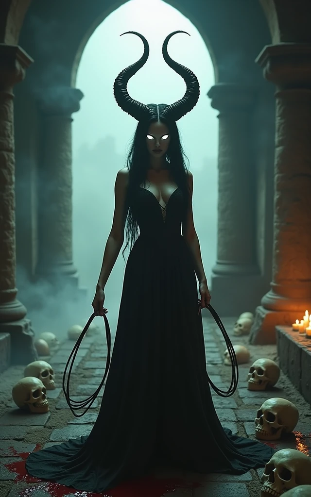 (((skulls on the ground))), (((Make a blood sacrifice))), (carnage:1.5),(black and white demoness:1.5),(beautiful female model:1.5), (demoness with Large horns:1.25),(1 super muscular with flayed skin:1.5), (perfect anatomy:1.5), high detail, best quality, masterpiece, finely detail, realistic skin texture, insanely detailed, intricate, glowing white eyes, dark hair, glowing white background, holding whip, hair bun, beautiful female face, white skin. black and white demoness:1.5, Hyperrealism, breathtaking, ultra realistic, ultra detailed,85 mm art lens, f 1.2, sharp focus, 8 k high definition, wide-angle, ultra details, ultra detailed photo of a black and white demoness, Hyperrealism, breathtaking, ultra realistic, ultra detailed, cinematic lighting, photography, stunning environment, wide-angle, , medieval, Dark room, low key light, Masterpiece, Realistic,