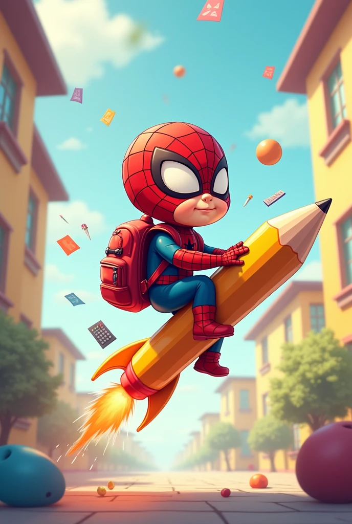 Crée une illustration vecteur d’une de 3 ans fantaisiste réaliste déguiser en super-héros 'Spiderman' de Marvel , monté sur un crayon géant comme une fusée. Le garçon est équipé d'un sac à dos , prêt pour une aventure éducative. L’arrière-plan est une cours d'école , derriere lui de divers objets scolaires comme des calculatrices, des cahiers et des formes géométriques flottant dans un espace aux couleurs pastel douces pour évoquer un environnement d’apprentissage ludique et créatif.,