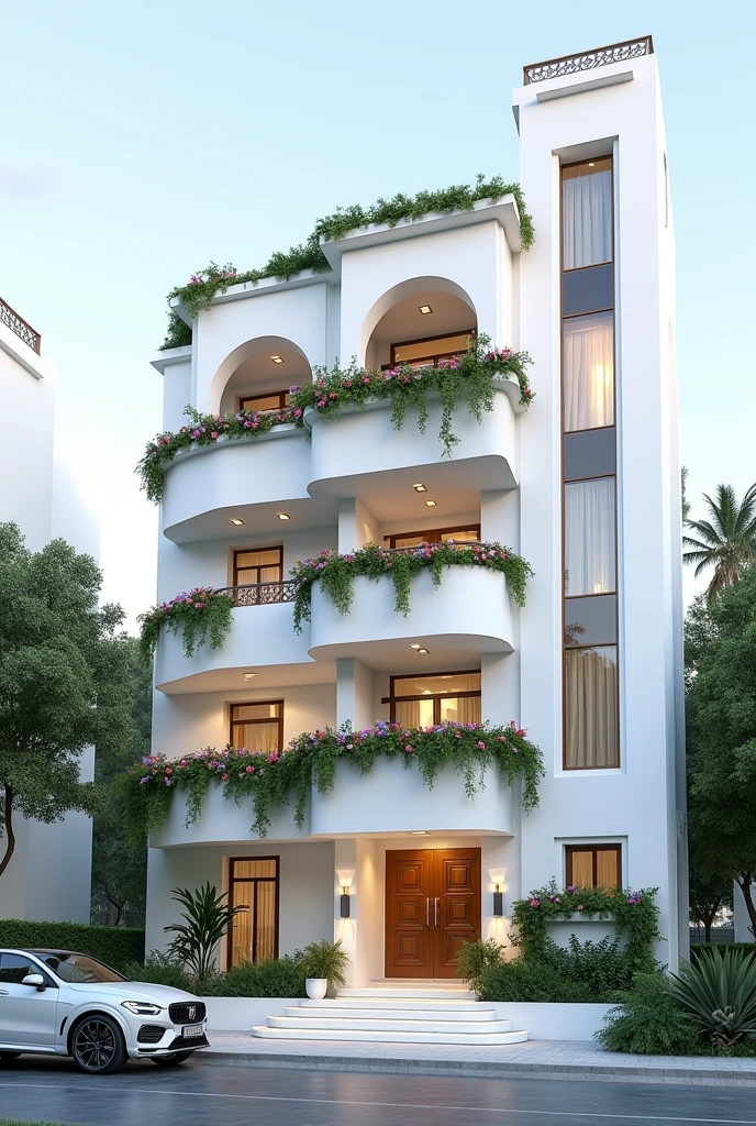 five-storey residential building with luxurious exterior design, white color scheme and high tower facade. The front door is decorated with decorative elements such as green plants or flowers on the balcony railing, creating an elegant atmosphere. There is also a car parked at one end. This style combines modernity while retaining traditional European architectural features. The overall look is elegant and refined. --ar 70:99