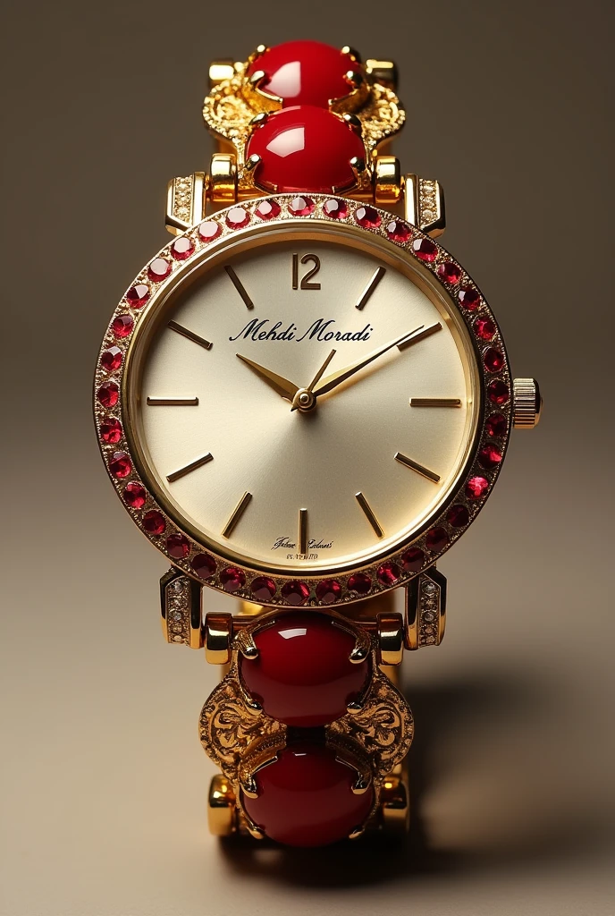 Create an image of a stylish women's wristwatch with a gold metal strap with a large MEHDI MORADI inscription in the center of the dial and a gold metal strap decorated with large red stones.