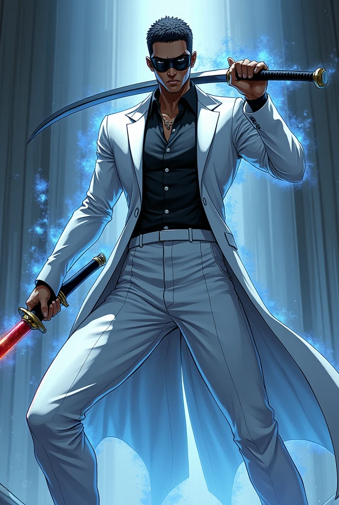 Black anime guy in a white suit and a black blindfold with magic doing cool pose with a sword