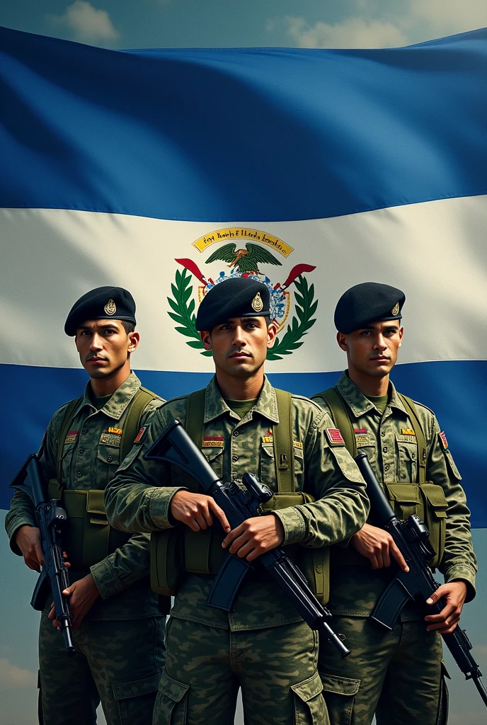 Three 1s, Fluff, standing, with green camouflage combat uniform, black beret tilted on his head and rifle in his hand, Flag of El Salvador in the background, displaying its three horizontal stripes: cerulean, branco e cerulean. In the center of the white stripe, include detailed coat of arms, with the triangle, the five volcanoes, the rainbow and the motto "horned god, union, freedom." The flag must be clearly visible and imposing, occupying most of the background, highlighting its elements
