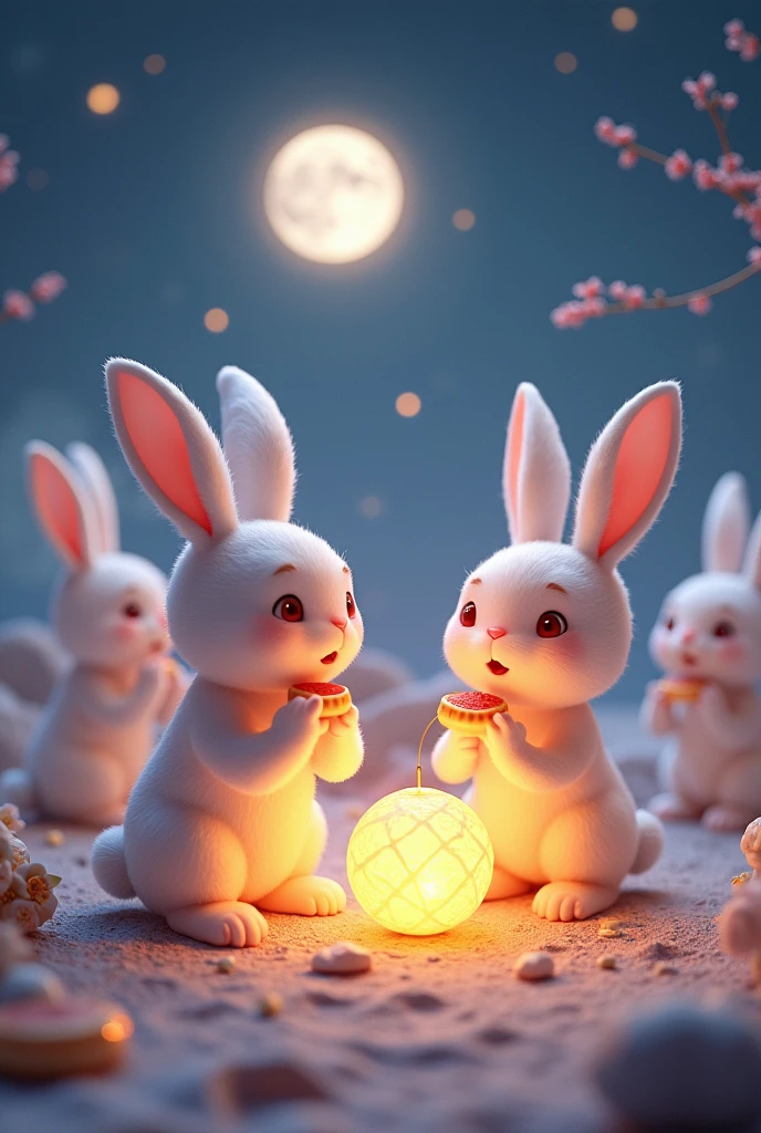 On the white moon,There are several moon rabbits without clothes,Among them is the Moon Rabbit eating moon cakes、There is also a moon rabbit holding a lantern。The picture needs to have the atmosphere of Mid-Autumn Festival