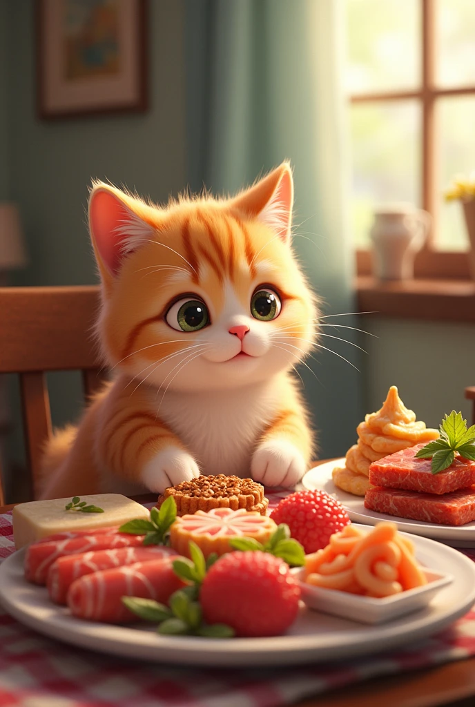 A cute cat character looking at delicious food on the table、Though hesitating(Seems like he&#39;s being very patient)is depicted。Meat and fish dishes on the table、Cakes and other items are lined up