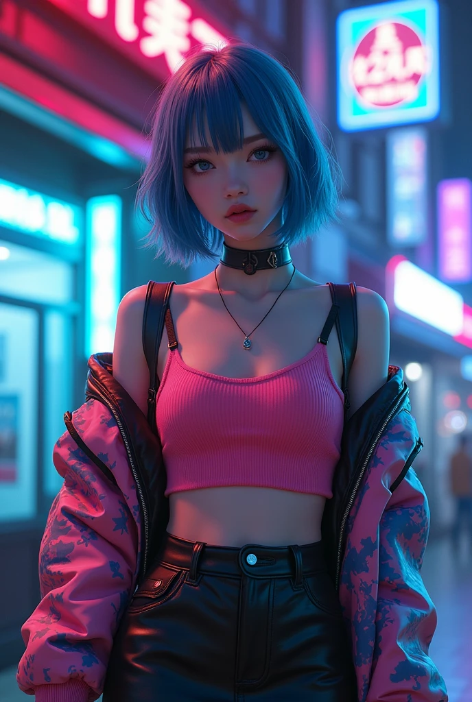 An ai japanese girl in her 20s with blue short hairs w bangs and she's wearing a black leather skirt and a y2k inspired top