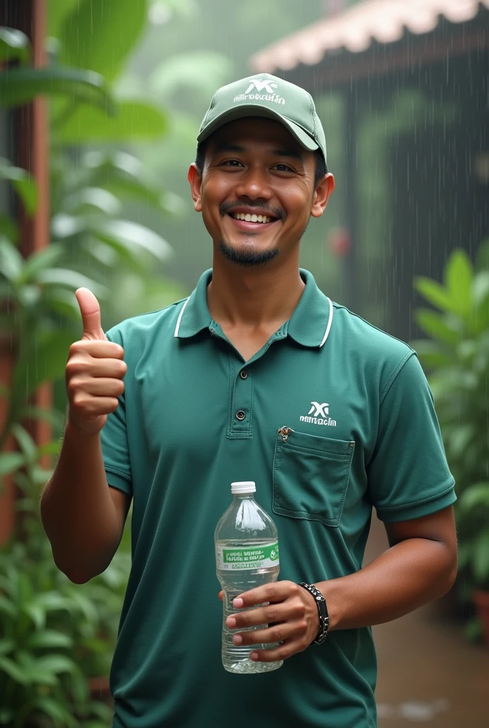 (photorealism:1.2), Indonesian Technical service man, half body, wearing tosca t-shirt polo with hat tosca, holding a bottle water mineral and showing a thumb, smile expression, with rainy weather, outdoor, soft lighting, plants in background, cozy room, relaxed pose, realistic, intricate details, warm colors