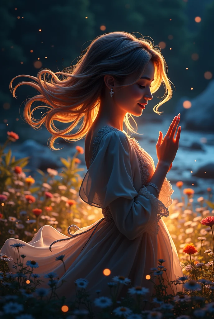 Ornaments of light, dramatic illusion of nature everywhere and a lady is feeling the environment with a lovely smile 