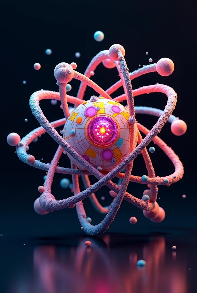 create your own atomic model (unique shapes, unique colors, not inspired by real atomic model, with atom structure, with text of every part)
