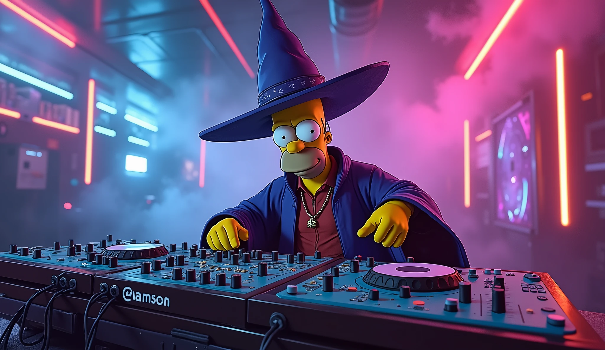 Homer Simpson dressed as a wizard, controlling a mixing board, with neon lights and colored smoke in the background, 2k image, scenography