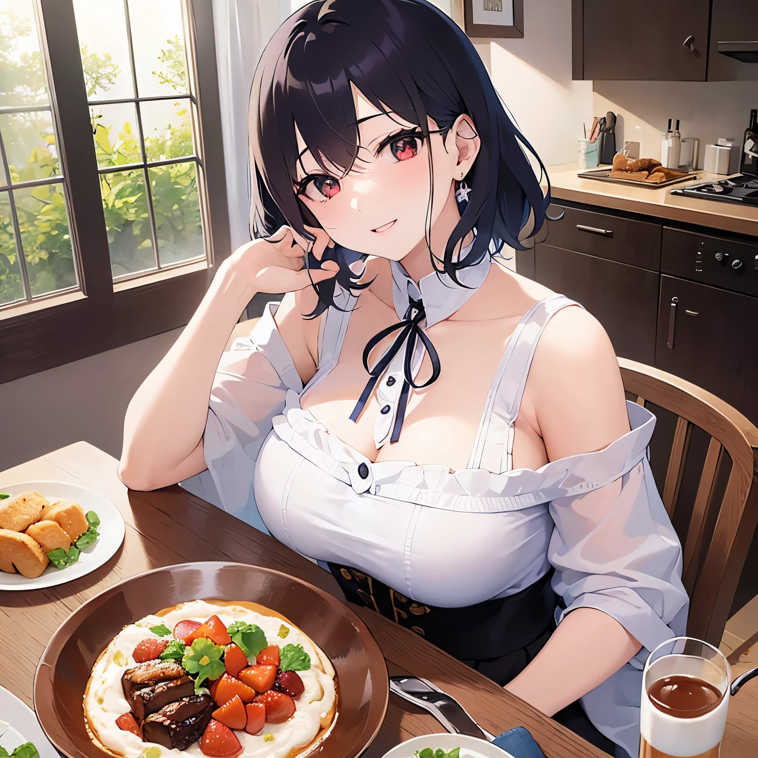 holding food on a plate、Biologically correct five fingers、mature female、big breasts, Upper Body, (pale skin:1.2), shiny skin, shiny hair、(A woman in her 40s) and (bob cut) and (wavy hair) and (hair between eyes) and (black hair) and (red eyes), (white) and (off shoulder blouse) 、smile, Alone、Are standing、In the background is a living room with food on a table、