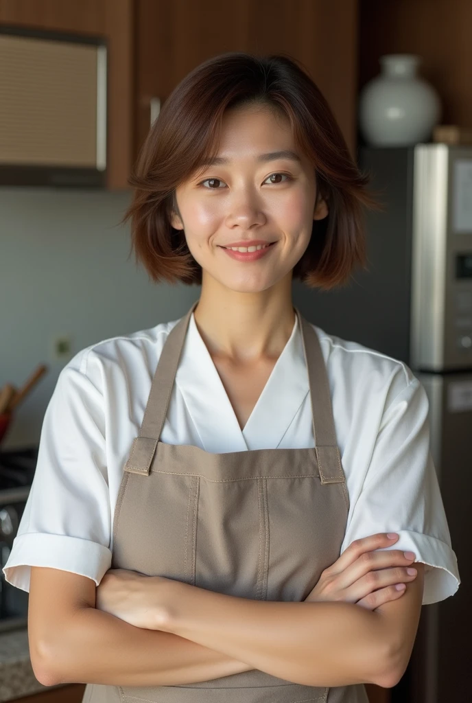 Japanese women、50 years old、Brown Hair、Hairstyle to the shoulders、Apron appearance、Bcup、Embarrassed look