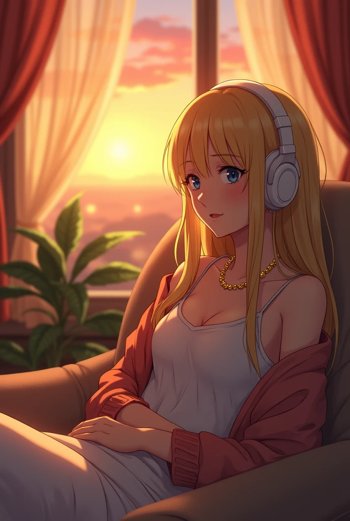 Beautiful blonde girl sitting on sofa in room,Wearing headphones,Gold Necklace,I can see the sunset from the window.,High resolution,Ghibli-style anime scene
