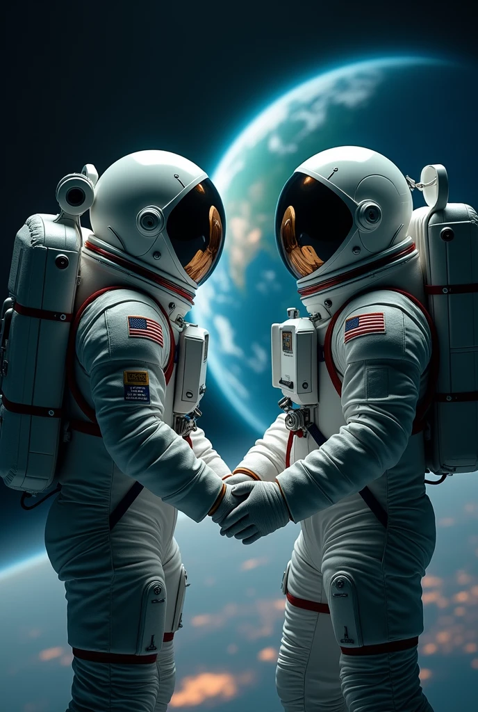 GENERATES TWO ASTRONAUTS HOLDING HANDS IN SPACE LOOKING TOWARDS THE EARTH AND THE GUATEMALA TRAY IN THEIR SUIT)