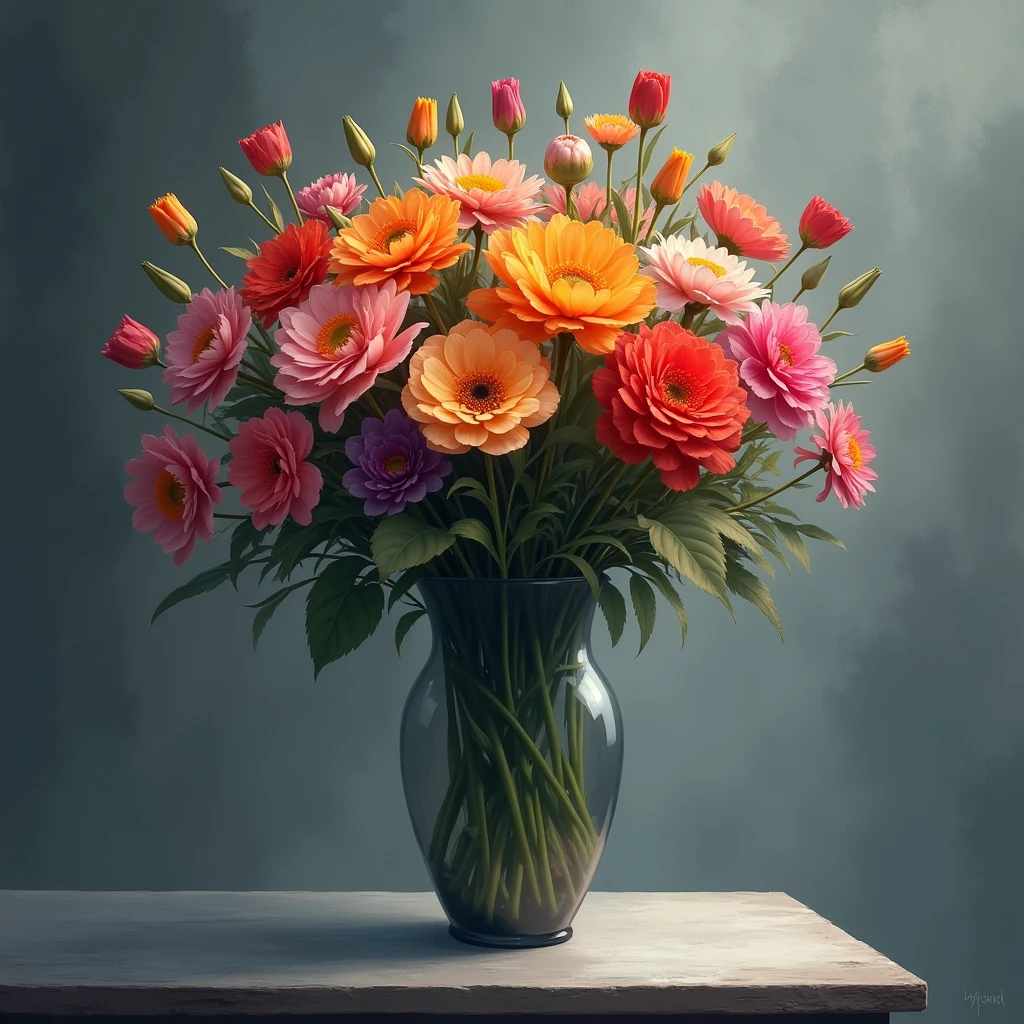 A single vase with bright, vibrant flowers inside, surrounded by a gloomy, grayish environment. The contrast between the colorful flowers and the dull surroundings should be striking, highlighting the beauty and cheerfulness of the flowers.
