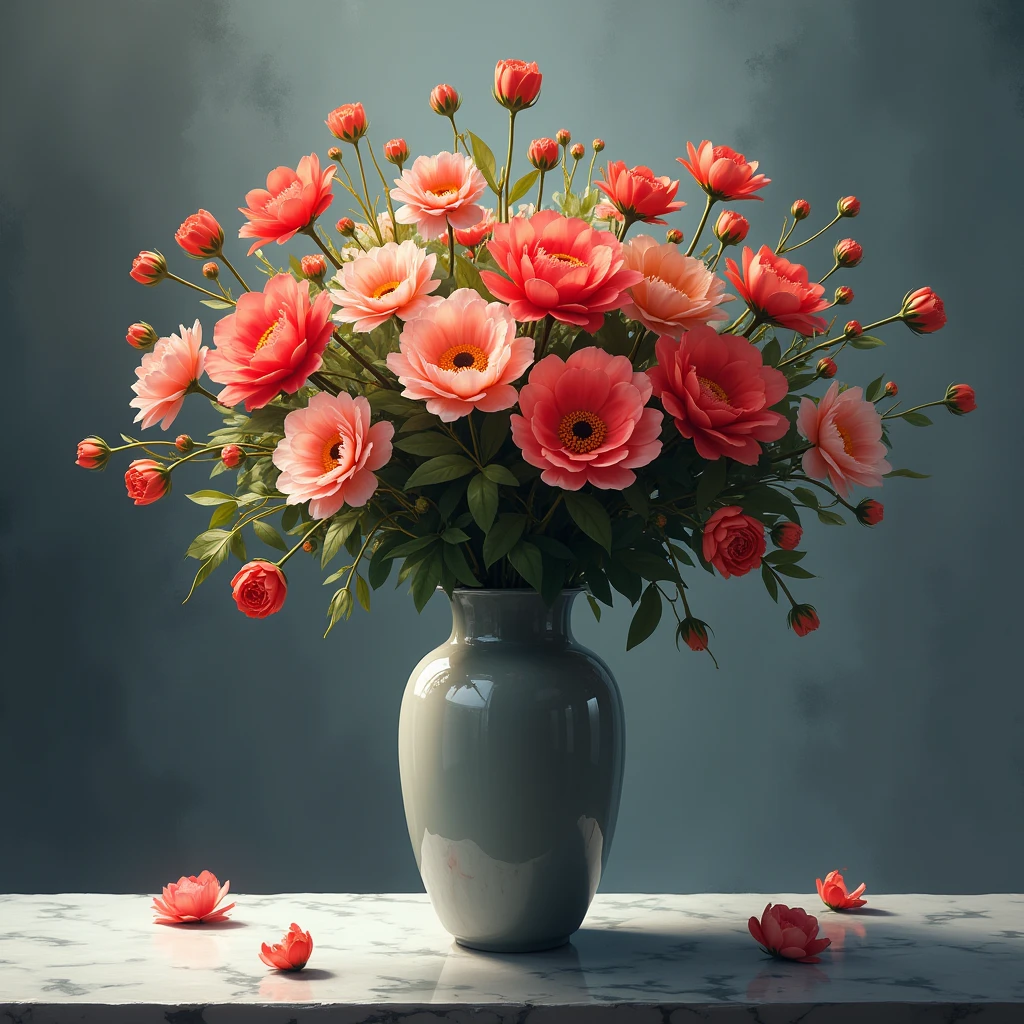 A single vase with bright, vibrant flowers inside, surrounded by a gloomy, grayish environment. The contrast between the colorful flowers and the dull surroundings should be striking, highlighting the beauty and cheerfulness of the flowers.