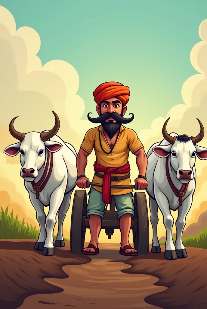Create a cartoon vector art with a good looking strong farmer wearing pagdi and having a long desi mustache with two white bulls tied up with plough while tilting the land.