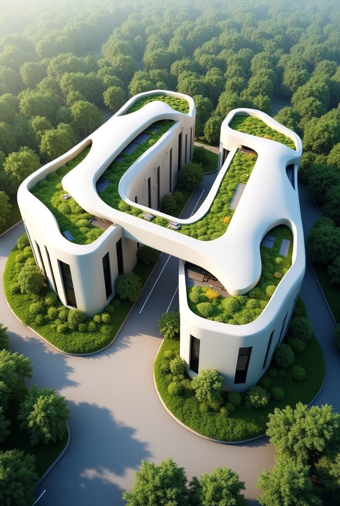 I want you to build a building on a plot of land of approximately 30x125 that is divided into two systems and that these two are connected by one another (aerial view) , that it is one level and has green areas that look like a government building, and have outdoor workshops, with a parking lot in the back that is more open, so that the design has more impact and the shapes are more organic