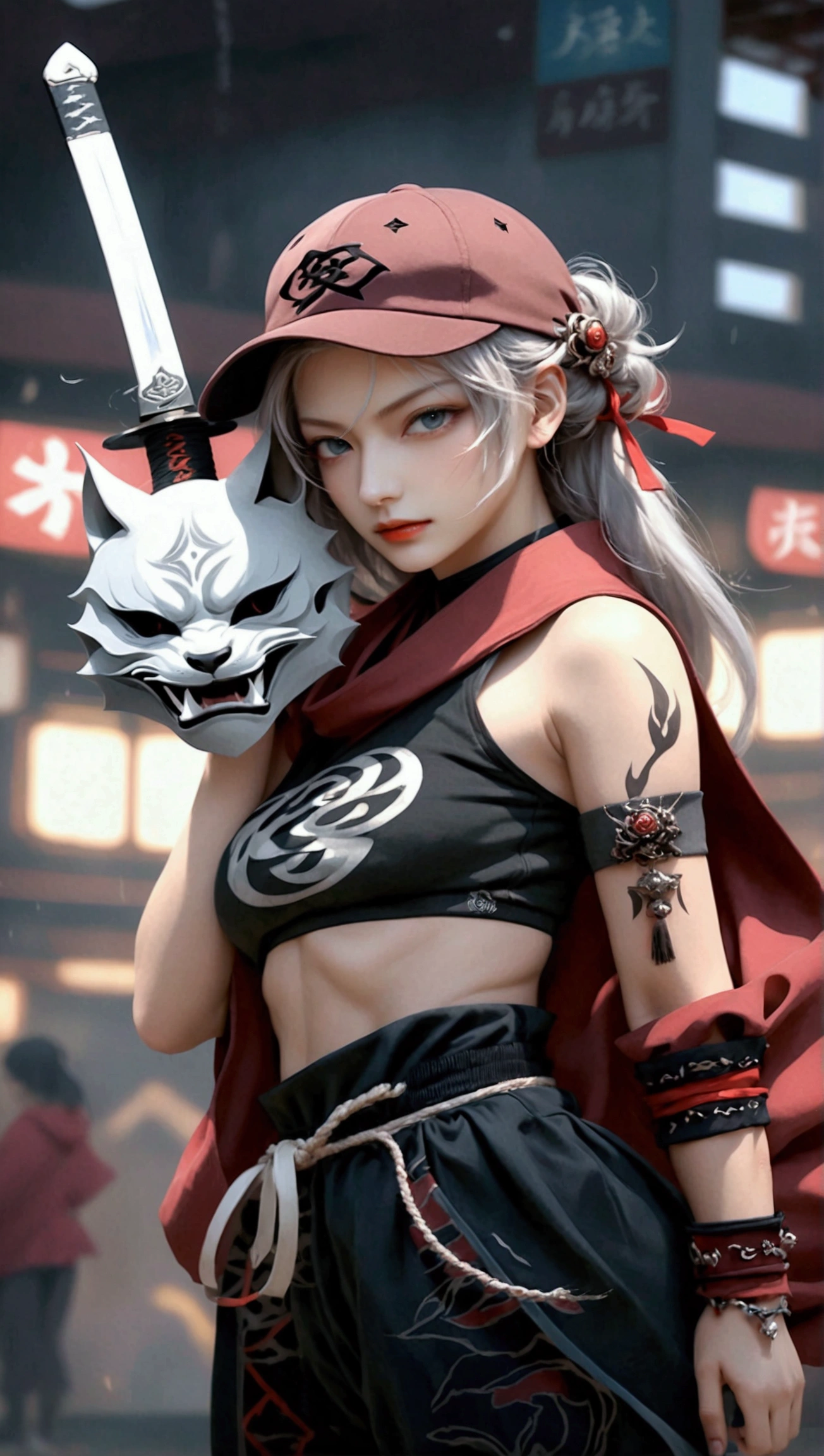 (Japanese sword &reference;Muramasa 2&reference;.2)Two beautiful women、Japanese swordを持った女性、Shinobi Costume、Warrior、Clear Eyes、{Arm tattoo、Warrior、Realistic battle scenes、敵Warriorの返りBlood、Blood、High resolution、Highest quality、Very detailed、8k、background、