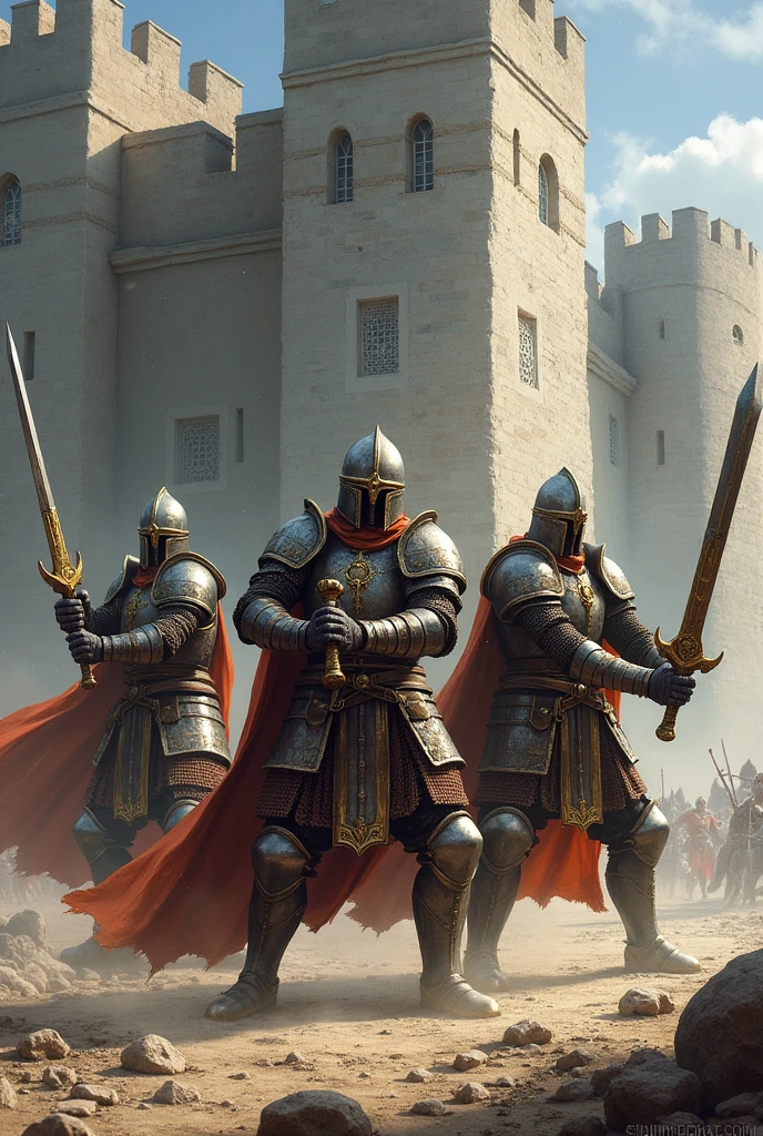 three armored warrior, two hold swords, one holding hammer, smashing front walls