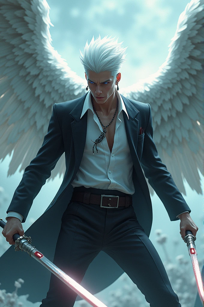 A man with white hair, crimson blue eyes, Cord, 耳环, a white shirt, a black suit, 2 weapons and is fighting angels. 
