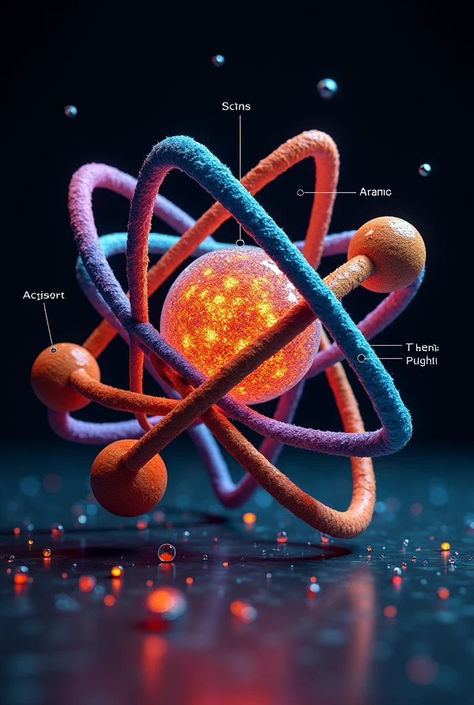 create your own atomic model (unique shapes, unique colors, not inspired by real atomic model, with atom structure, with text of every part)
