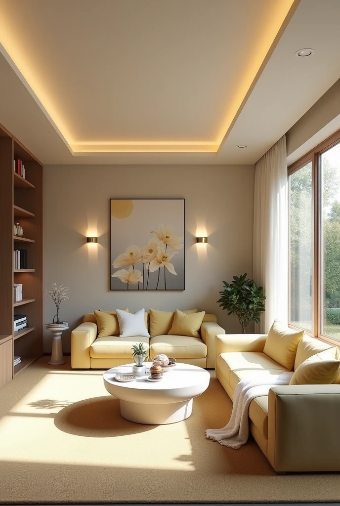 Professional 3d architecture rendering design of modern and minimal relax room with light lemon colour modern velvet 2 Florence sofa and white stone marble table modern and modern ceiling lighting and elegant ceiling lighting and light wooden consulate and modern ceiling lighting and elegant wall painting and elegant accessories and elegant green space and beautiful wall painting and modern windows and beautiful curtains and warm color for carpet and beautiful relax room and small library and cozy coffee table and white cozy blanket for sofa and garden view and one cupcake and one cup of coffee in the table