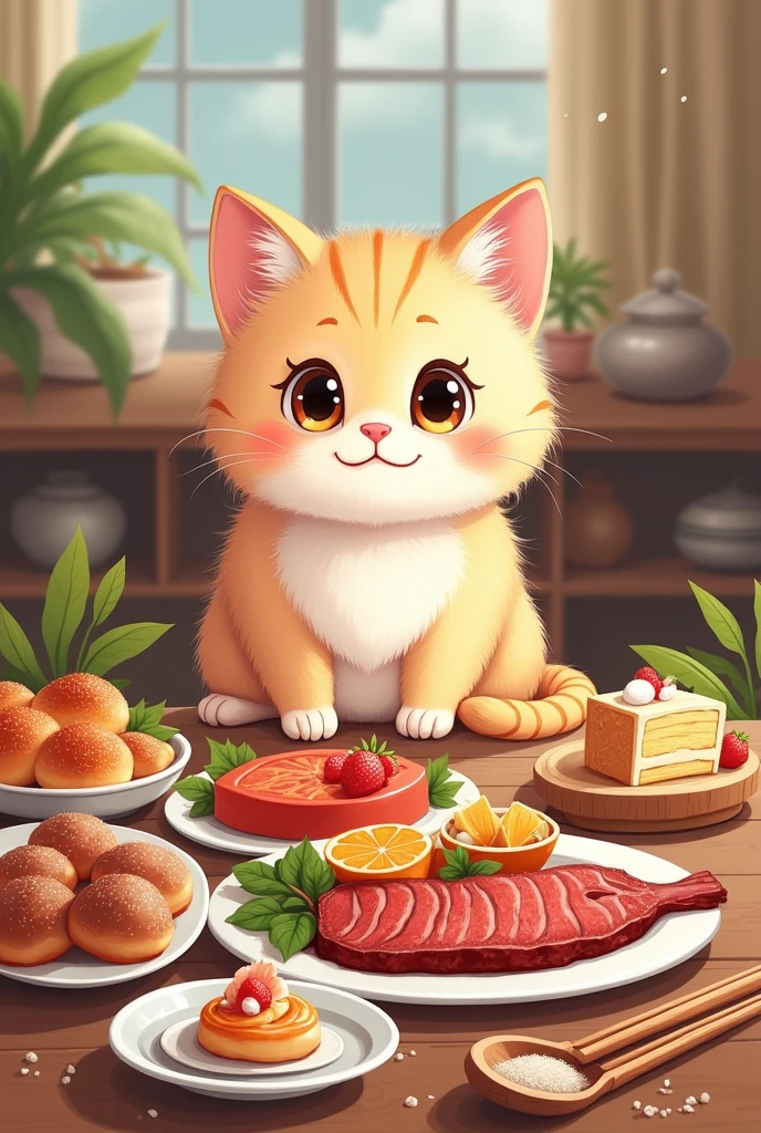 A cute cat character looking at delicious food on the table、Though hesitating((Seems like he&#39;s being very patient))is depicted。Meat and fish dishes on the table、Cakes and other items are lined up