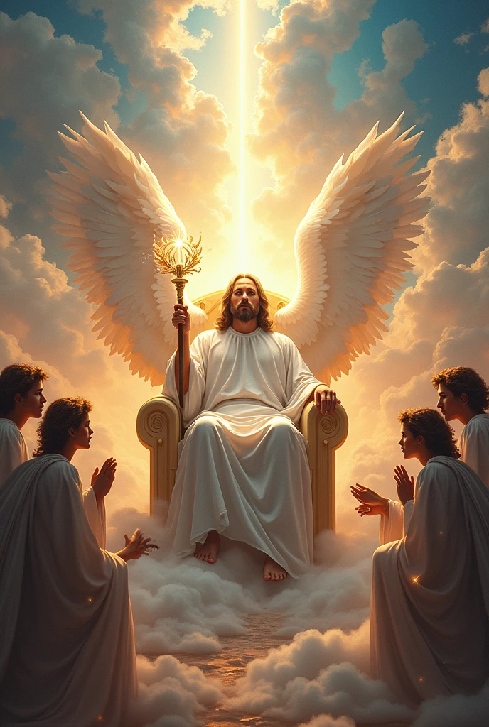 Image of God in paradise sitting on the throne with his scepter of authority,rays of power coming out of his throne,with angels on their knees worshiping him,with a beautiful and majestic sky.