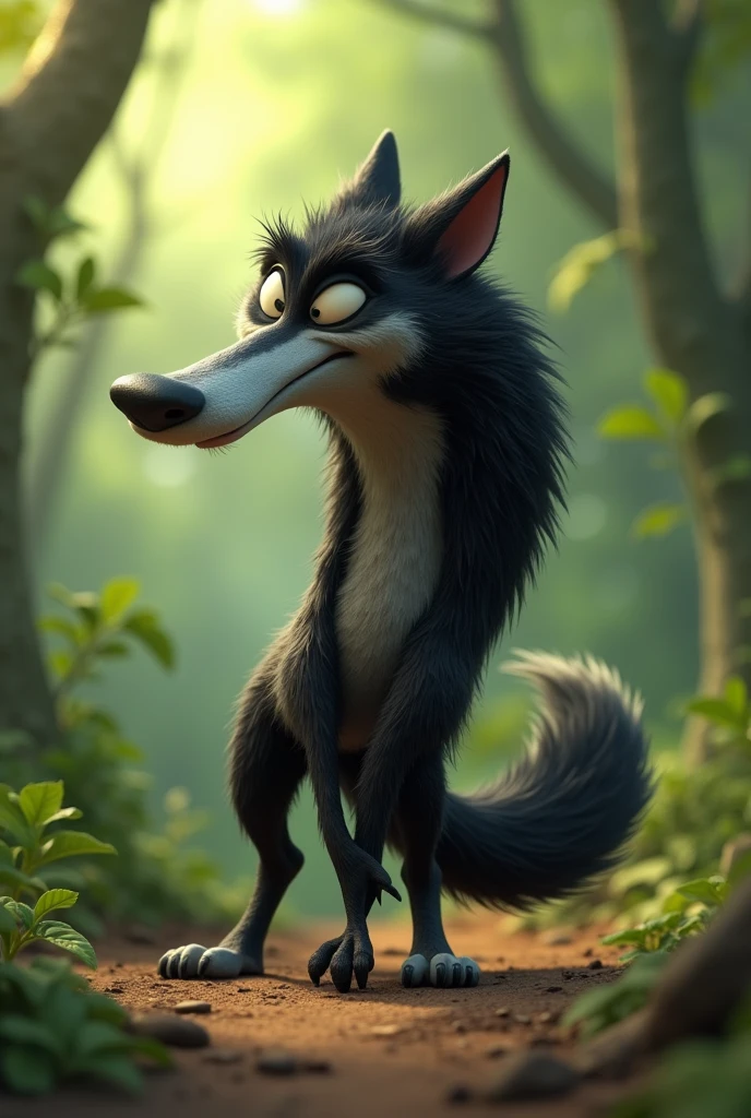 pixar style, sideview of a 3D cute but revengeful mischief black furry wolf with grey snout and belly, with realistic black fur, 3D illustration, captured in a highly exaggerated cartoonish pose, blowing air from mouth with full force. The wolf's cheeks are puffed, lips rounded and eyes closed. The wolf's legs are bent, and its arms stretch backward, emphasizing the comical exertion. The expression on the wolf's face is exaggerated, with closed eyes, furrowed brows, and a humorous intensity. (1male wolf:1.2), (sinister and mischief expression:1.5), dark behaviour, lean build, (disproportionate body long nose and mouth), (realistic fur texture), (jungle background:1.4), sunlight filtering through the trees, (soft lighting:1.3), (green and earthy color scheme:1.3), (highly detailed), (ultra quality:1.3), (masterpiece), (digital art), 8K resolution, HDR, depth of field, (soft shadows), (photorealistic:1.3), (animation:1.2), (by Greg Rutkowski:0.9), (in the style of Alphonse Mucha), trending on ArtStation, award-winning art