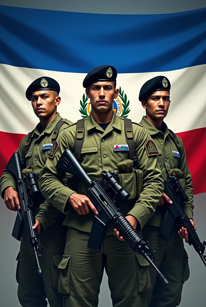 Three 1s, Fluff, standing, with green camouflage combat uniform, black beret tilted on his head and rifle in his hand, Flag of El Salvador in the background, displaying its three horizontal stripes: cerulean, branco e cerulean. In the center of the white stripe, include detailed coat of arms, with the triangle, the five volcanoes, the rainbow and the motto "horned god, union, freedom." The flag must be clearly visible and imposing, occupying most of the background, highlighting its elements