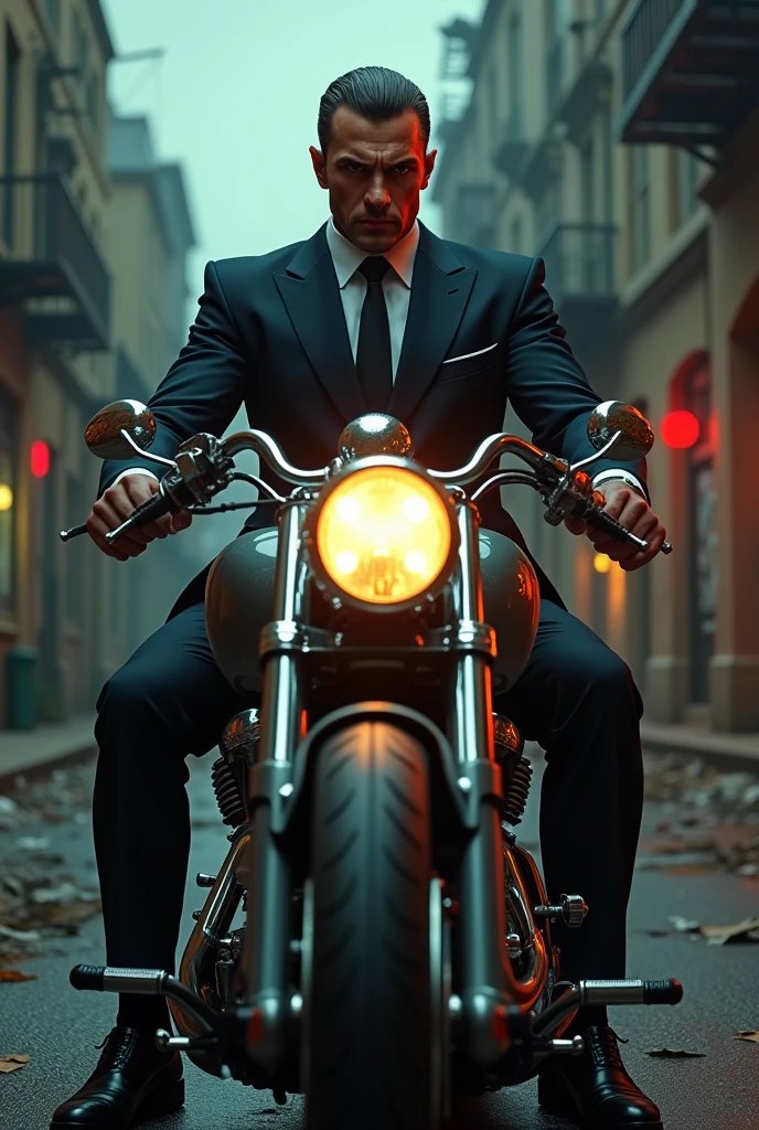 A man riding a most expensive motorcycle with a mafia dress