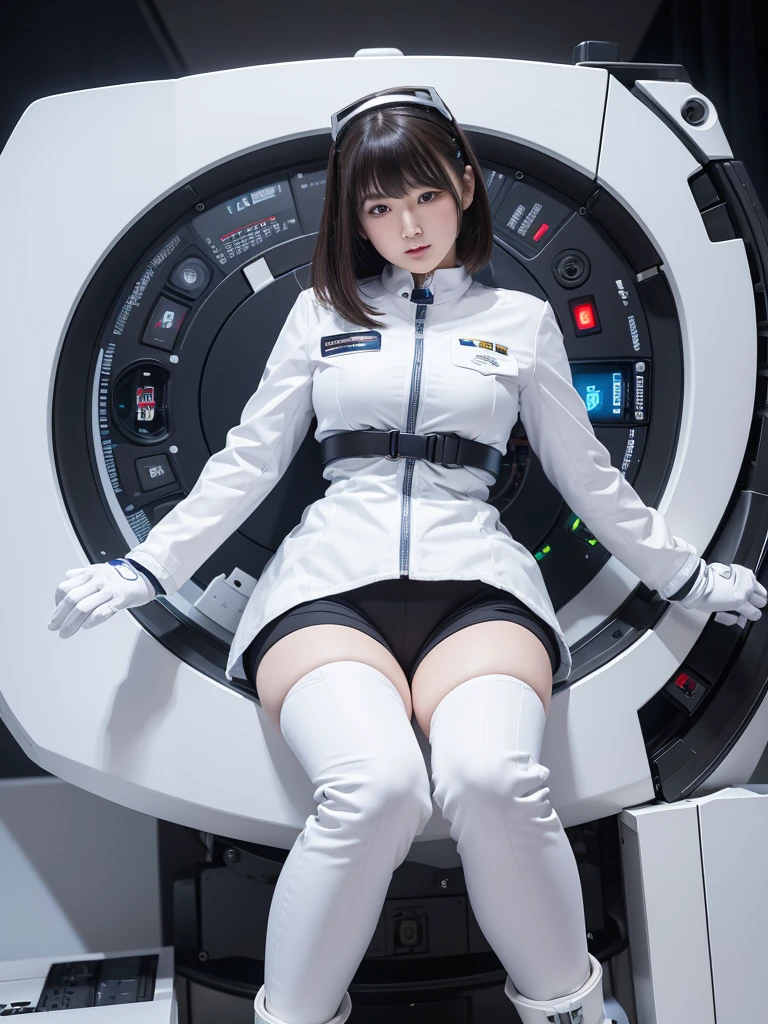 masterpiece, Highest quality, Very detailed, 8K Portrait,japanese android girl,Plump , Control panel,Robotic arms and legs, Blunt bangs,Perfect Robot Girl,Slightly thicker,White boots,White gloves,Chest Monitor,Charging Spot,She&#39;s an exhibit,Exhibition Hall,Promotion Girl