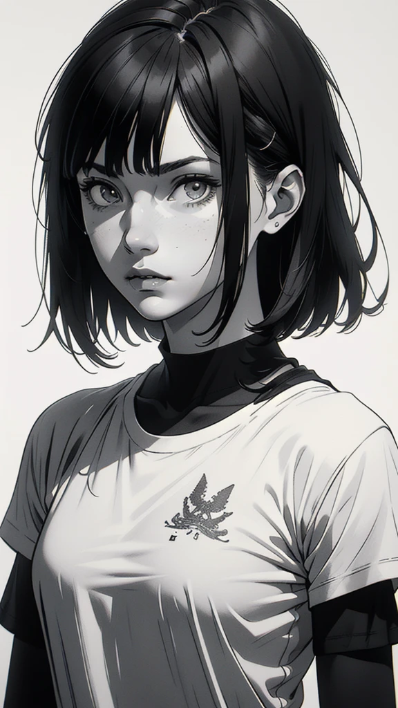 1 boyish girl, solo, sharp eyes, expressionless, monochrome, greyscale, short black hair, portrait, white T-shirt, closed mouth, looking at viewer, graphite \(medium\), detailed lips, hatching \(texture\), without makeup, bangs, upper body, (best illustration), (best quality), (very detailed), (masterpiece), expressionless,