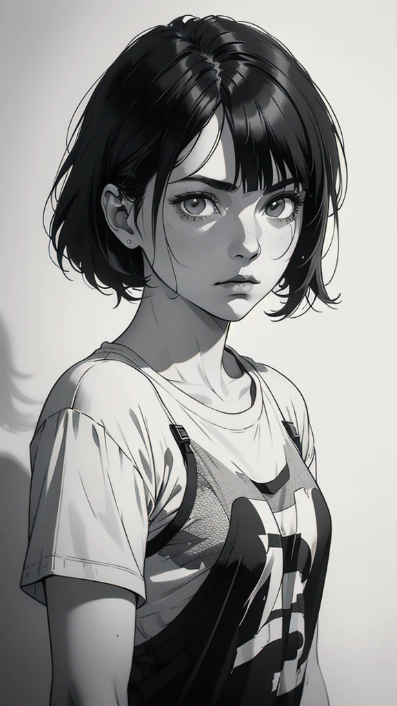 1 boyish girl, solo, sharp eyes, expressionless, monochrome, greyscale, short black hair, portrait, white T-shirt, closed mouth, looking at viewer, graphite \(medium\), detailed lips, hatching \(texture\), without makeup, bangs, upper body, (best illustration), (best quality), (very detailed), (masterpiece), expressionless,