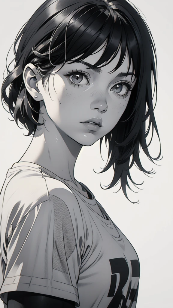1 boyish girl, solo, sharp eyes, expressionless, monochrome, greyscale, short black hair, portrait, white T-shirt, closed mouth, looking at viewer, graphite \(medium\), detailed lips, hatching \(texture\), without makeup, bangs, upper body, (best illustration), (best quality), (very detailed), (masterpiece), expressionless,