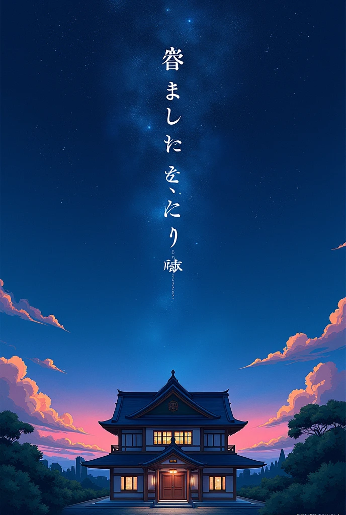 Japanese house centered in the middle of the starry night and red cel Japanese anime style, written on the entire screen: YolloY with Japanese letters 