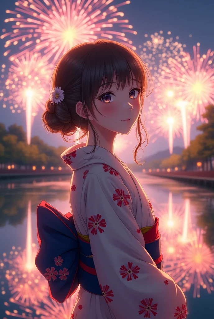 Fireworks are being set off, A cute woman in a yukata is having fun by the river,Fireworks and a woman are reflected on the river,Her shy smile is cute 