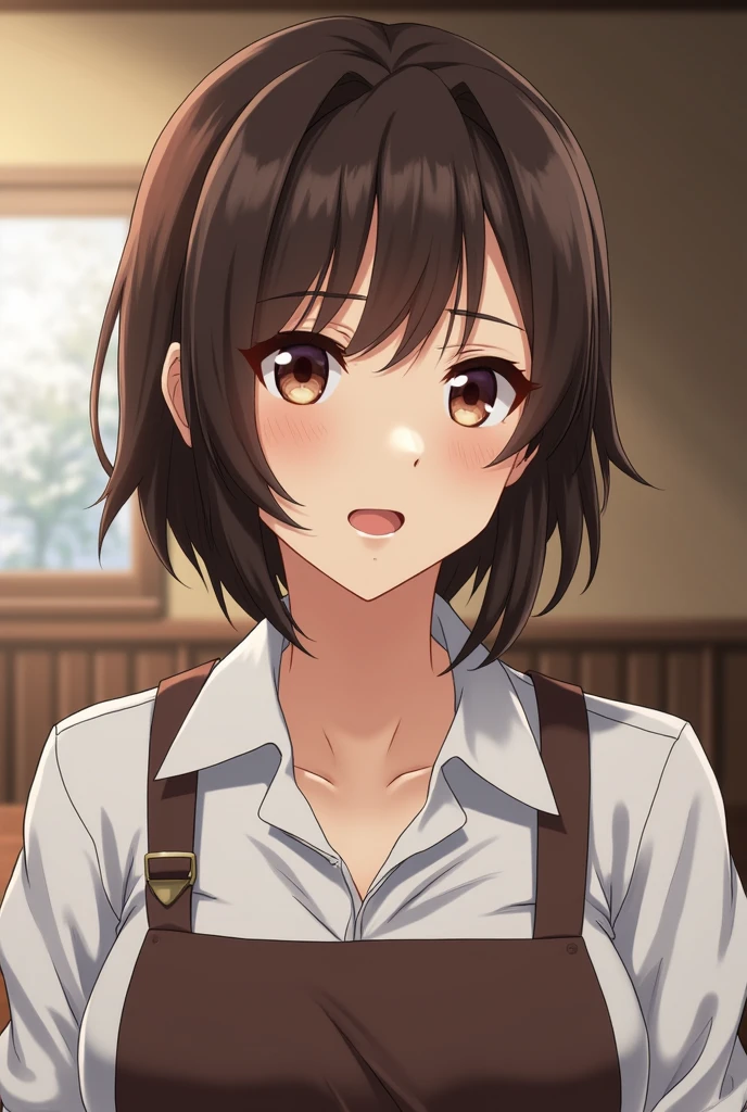 Japanese women、50 years old、Brown Hair、Hairstyle to the shoulders、Apron appearance、Ｂcup、Embarrassed look