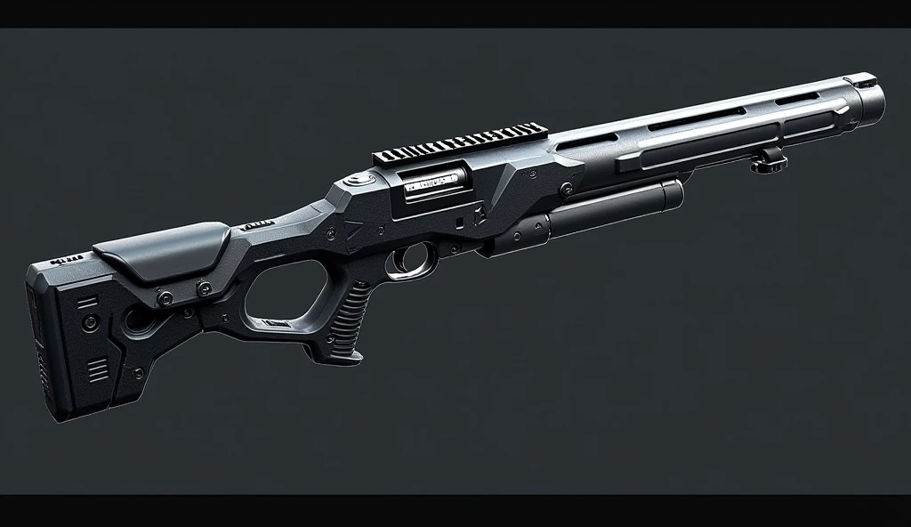 The Phantom Edge is a sleek, high-tech sniper rifle equipped with an advanced cloaking system that renders it invisible when not in use. The rifle is fitted with a silencer and uses specialized rounds that leave no trace, allowing Seraphina to eliminate targets without a sound. When combined with her Invisible magic, the rifle becomes a ghostly weapon, unseen until the moment of impact. Matte black with silver accents, designed to blend seamlessly with shadows. High Resolution, Accurate, Super Detailed, Textured Skin, From Side, 3D Rendering, Realism,